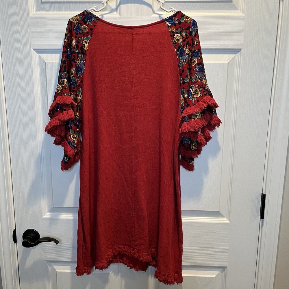 Umgee U.S.A. Women's Dress XL Red Floral Print Short Layered Sleeve Boho - Picture 2 of 11